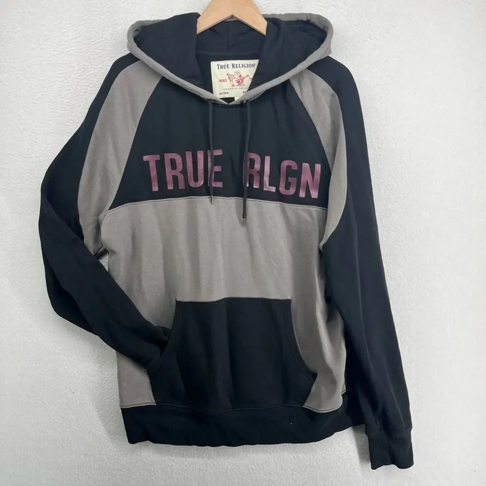 TRUE RELIGION Hoodie Mens XL World Tour Colorblock Pullover Terry Black Gray